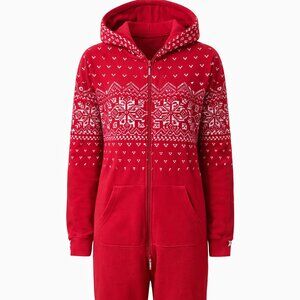 ONEPIECE Red Nordic Pattern Fleece One-Piece Suit XL Winter Warm